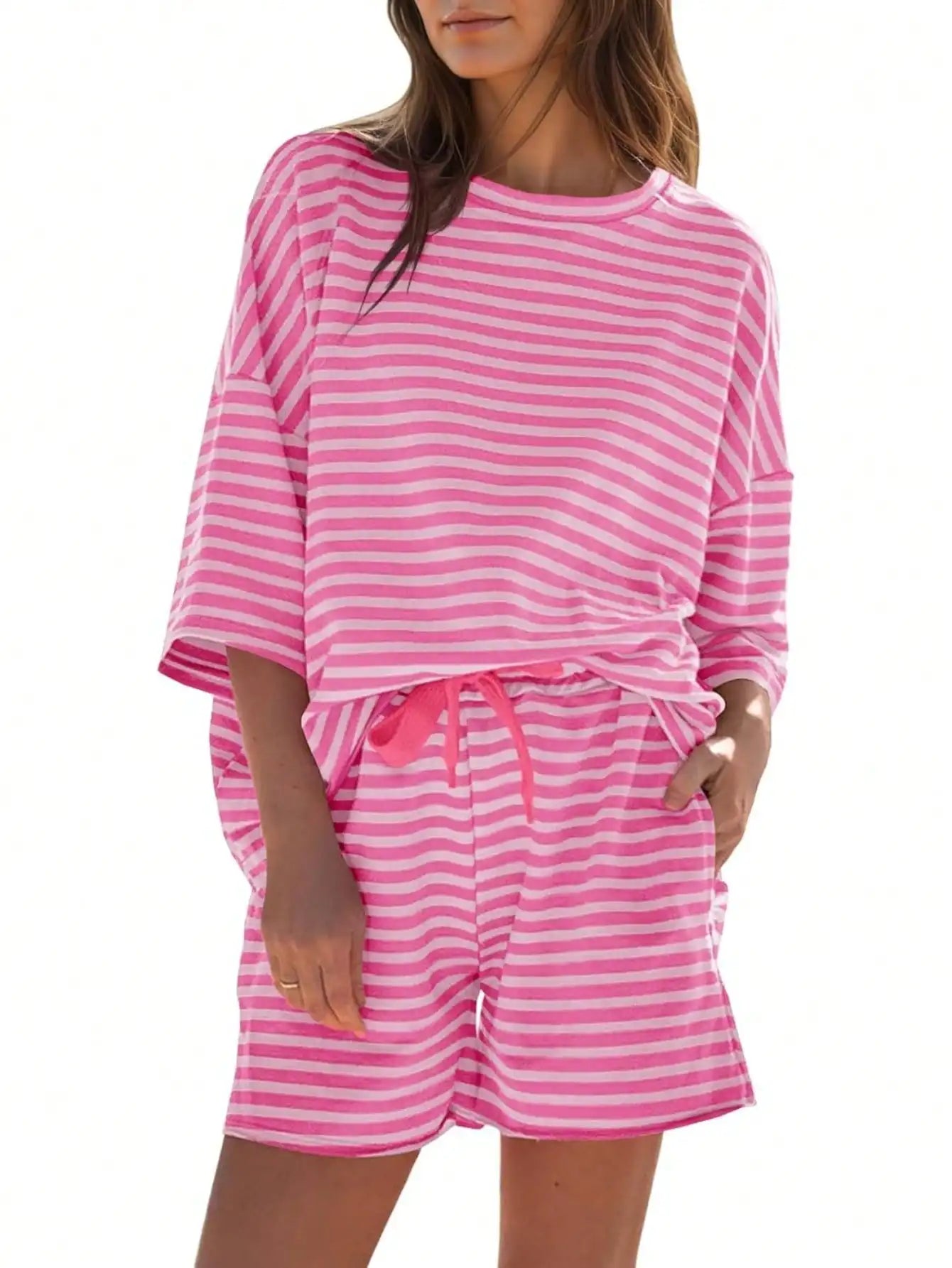 Fisoew Striped Athleisure 2Piece Lounge Set With High Waist Shorts