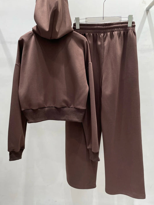 Women's Hooded Cropped Sweatshirt and Wide Leg Sweatpants Set ZX18585