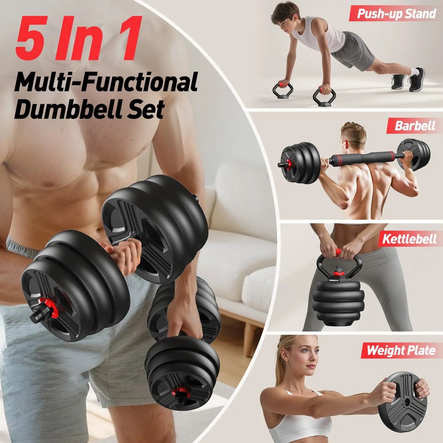 FED Fitness 5-in-1 Adjustable Dumbbell Set 20/35/45/70/90 Lb