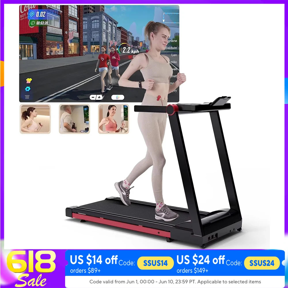 Superun 3.5HP Foldable Treadmill With 6 Percent Incline Bluetooth App 350lbs