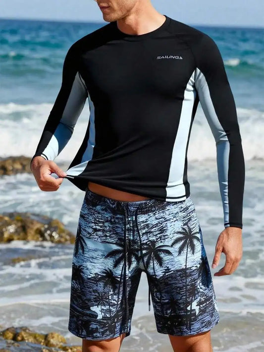 Men Rash Guard And Swim Shorts Set For Beach Adventure