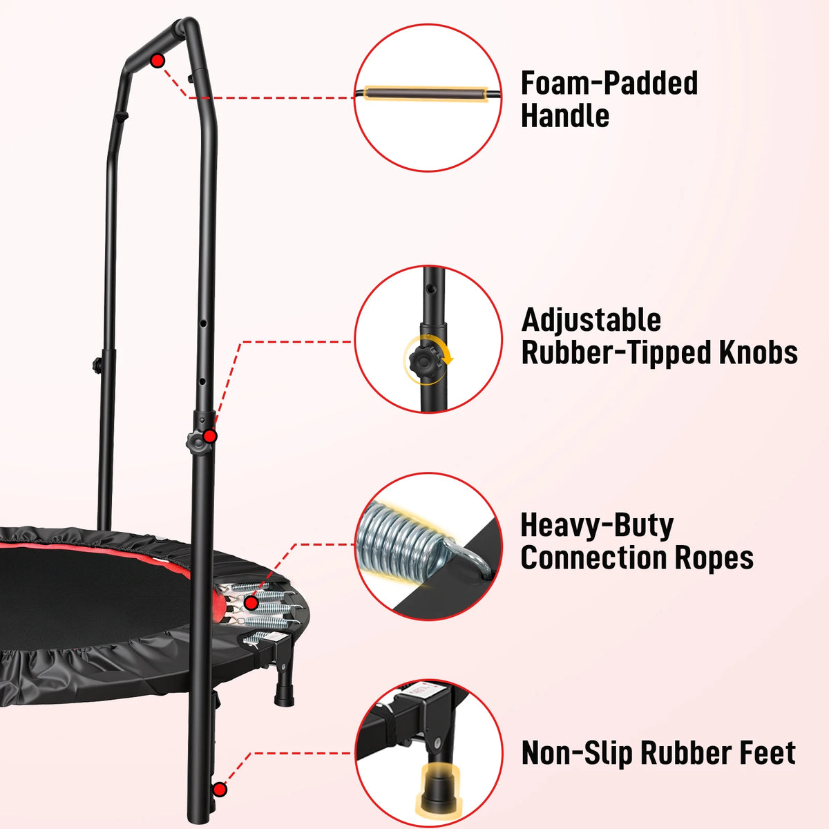 Foldable Rebounder Trampoline With Handlebar For Indoor Cardio Fitness Routine