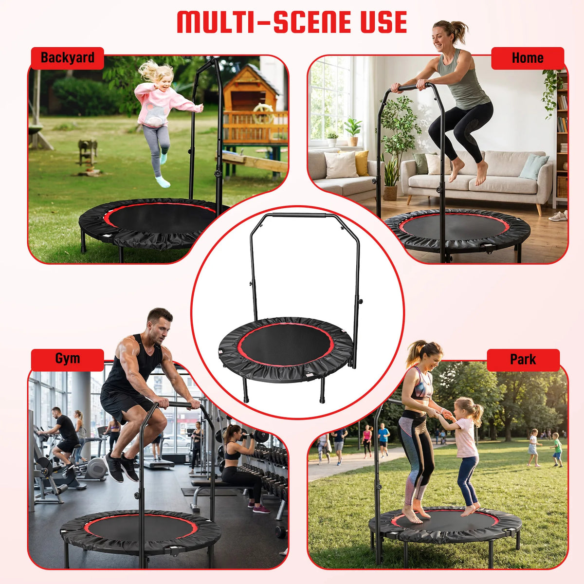 Foldable Rebounder Trampoline With Handlebar For Indoor Cardio Fitness Routine