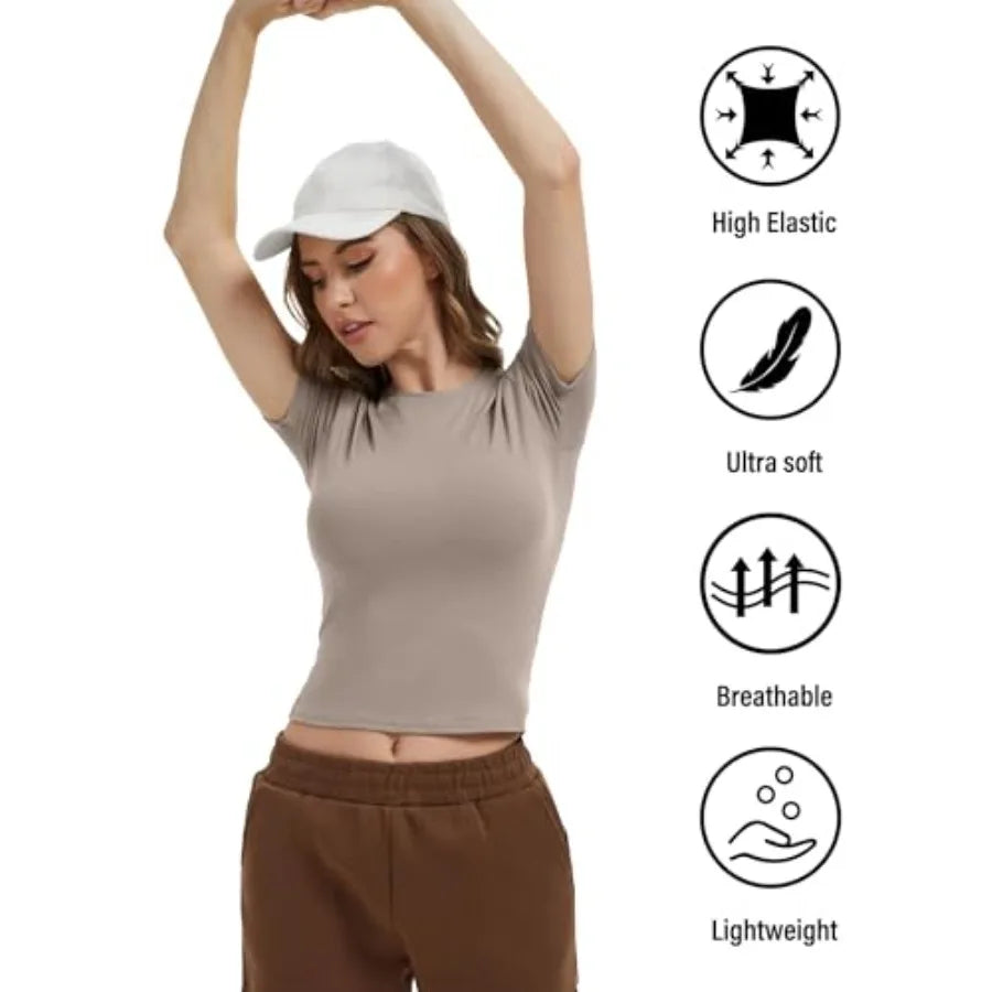 Dalavch 4 Pack Women's Workout Shirts Compression Short Sleeve Crew Neck Running Yoga Gym Athletic Fitted Crop T-Shirts Top