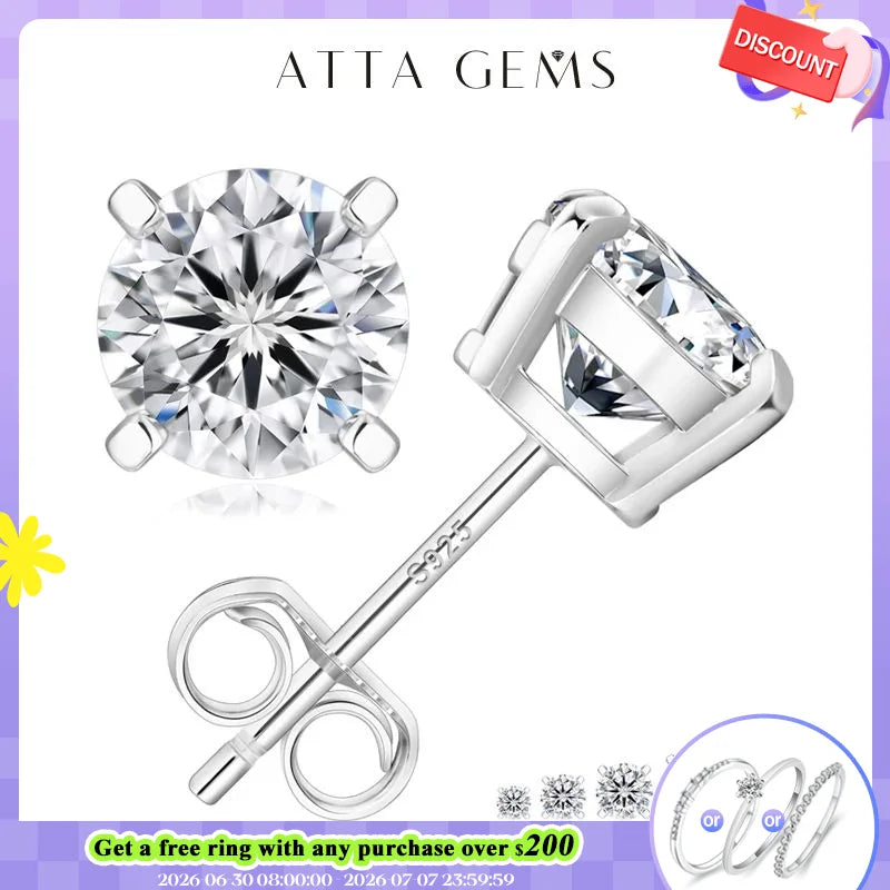ATTAGEMS Moissanite D VVS1 Four Claw Earrings 925 Sterling Silver