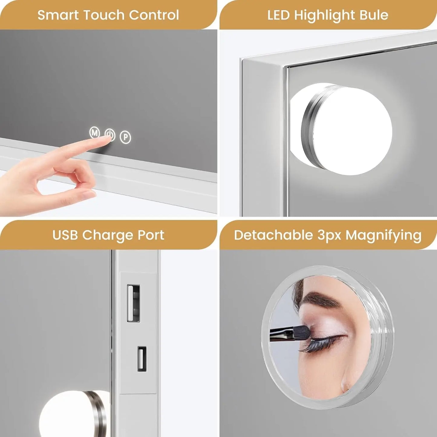 Vanity Mirror with Adjustable LED Lights, 3X Magnification Smart Touch Controls with Three Adjustable Color Modes for Bedroom