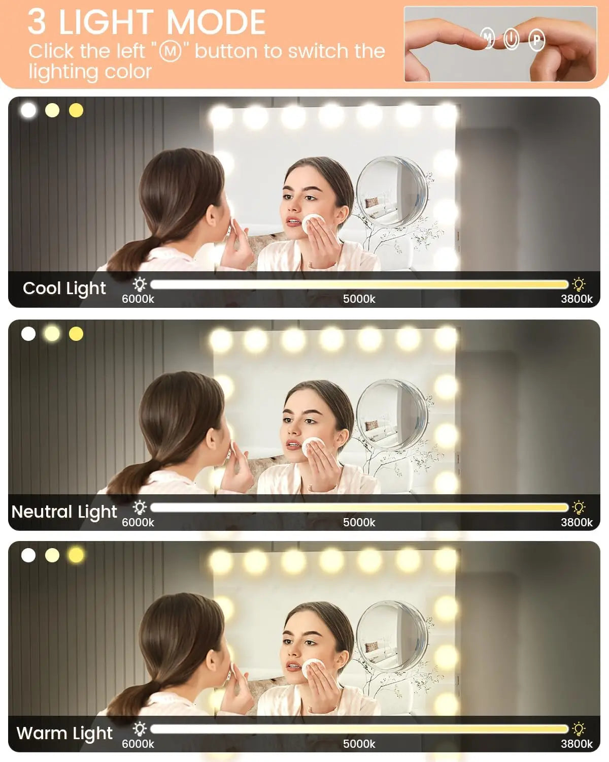 Vanity Mirror with Adjustable LED Lights, 3X Magnification Smart Touch Controls with Three Adjustable Color Modes for Bedroom