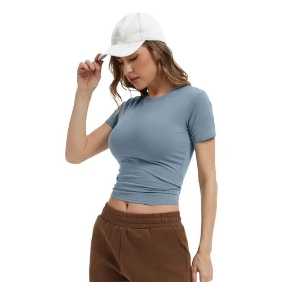 Dalavch 4 Pack Women's Workout Shirts Compression Short Sleeve Crew Neck Running Yoga Gym Athletic Fitted Crop T-Shirts Top
