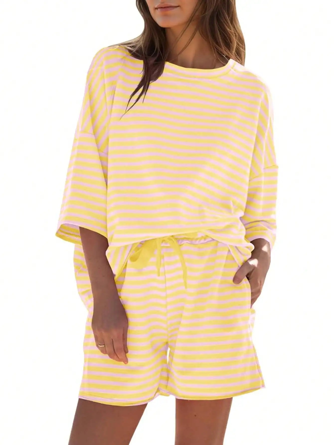 Fisoew Striped Athleisure 2Piece Lounge Set With High Waist Shorts