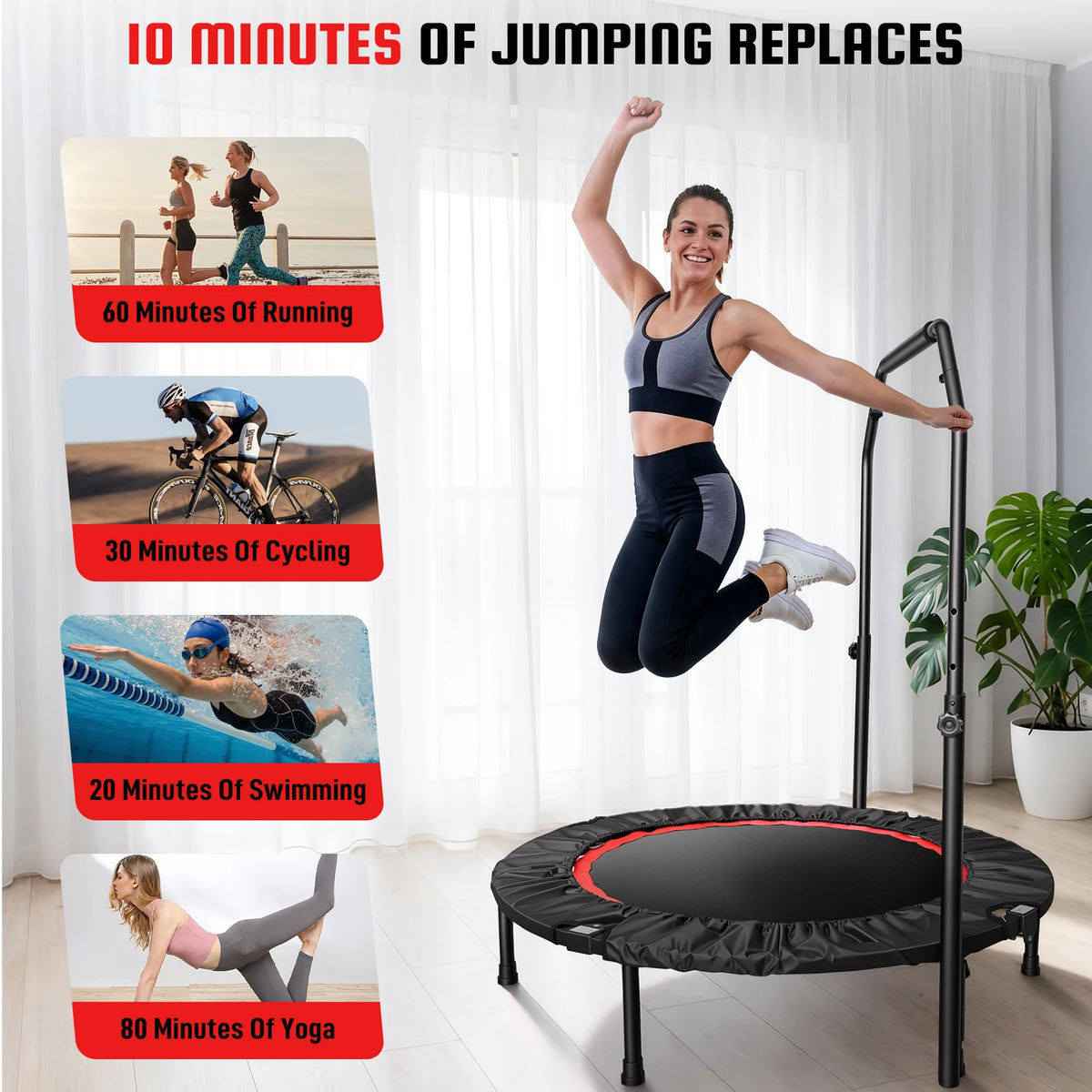 Foldable Rebounder Trampoline With Handlebar For Indoor Cardio Fitness Routine