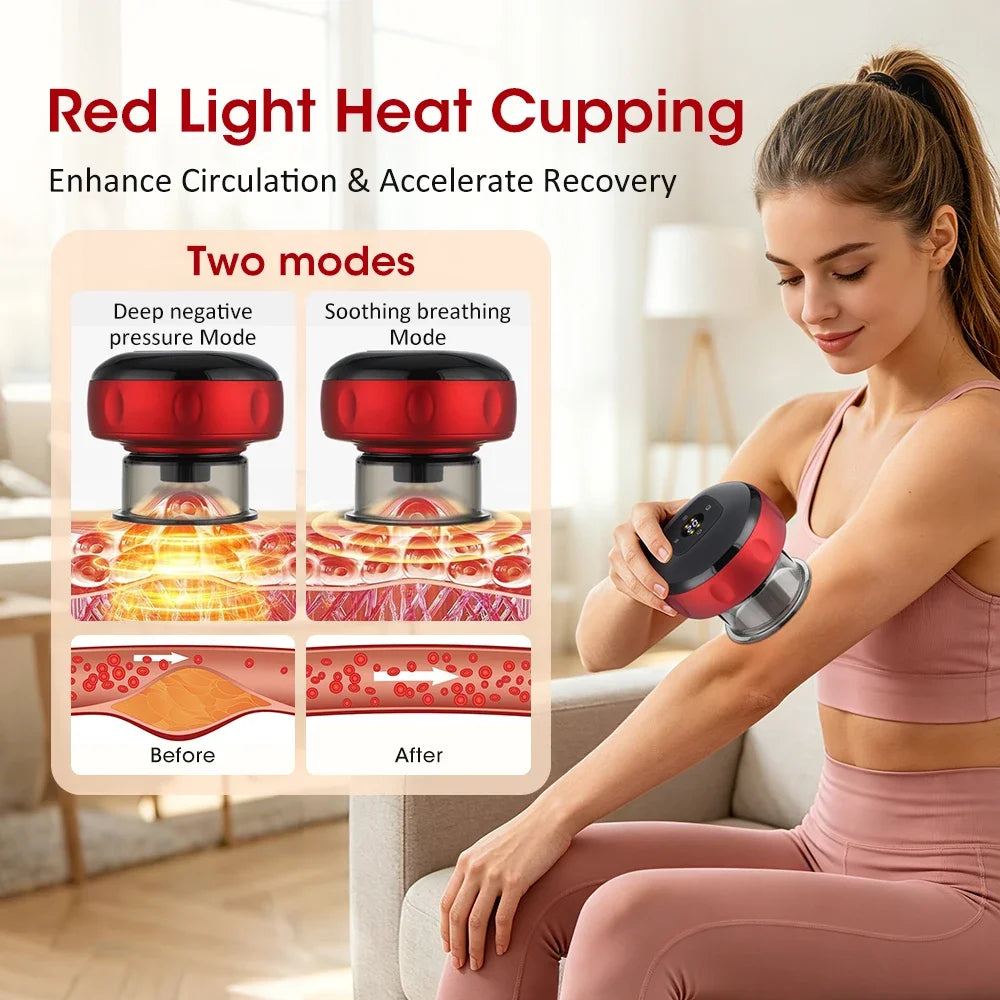 Smart Cupping Massager 12 Suction Levels Red Light Heating Digital Display One-Click Release 1800mAh Rechargeable Body Care