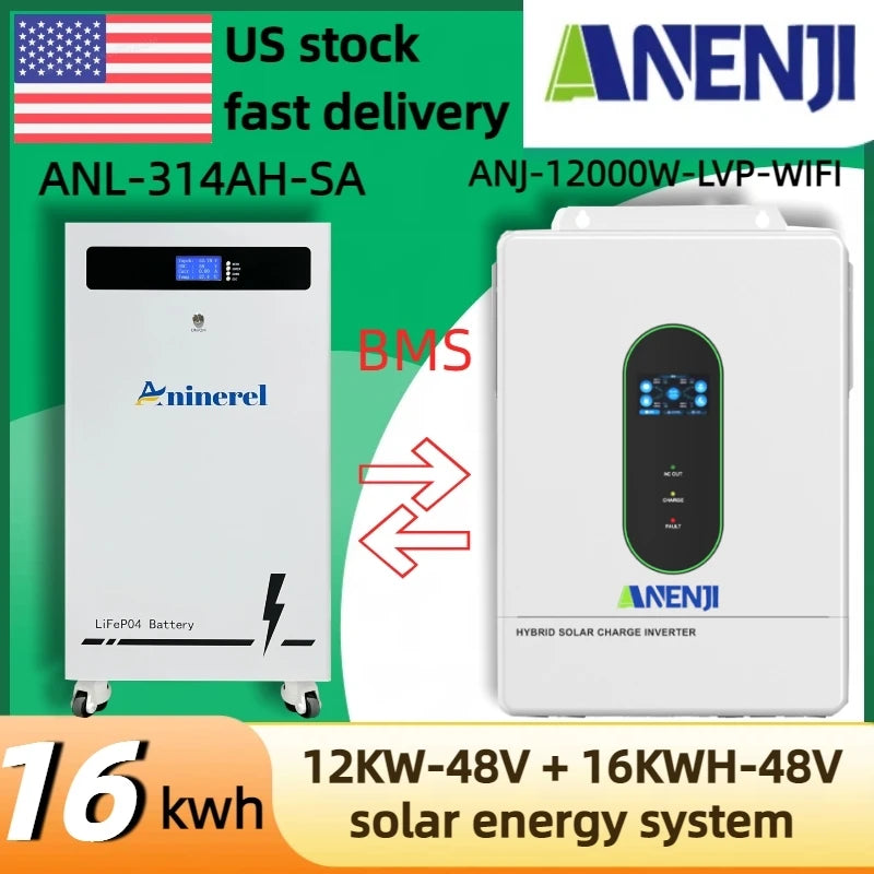 ANENJI 16kWh 51.2V 314Ah LiFePO4 Battery+12kW 48V Split Phase Inverter Off-grid Inverter for Home Backup Emergency with BMS Household solar energy system
