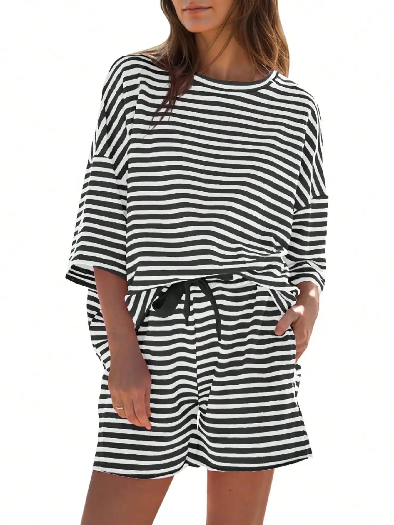 Fisoew Striped Athleisure 2Piece Lounge Set With High Waist Shorts