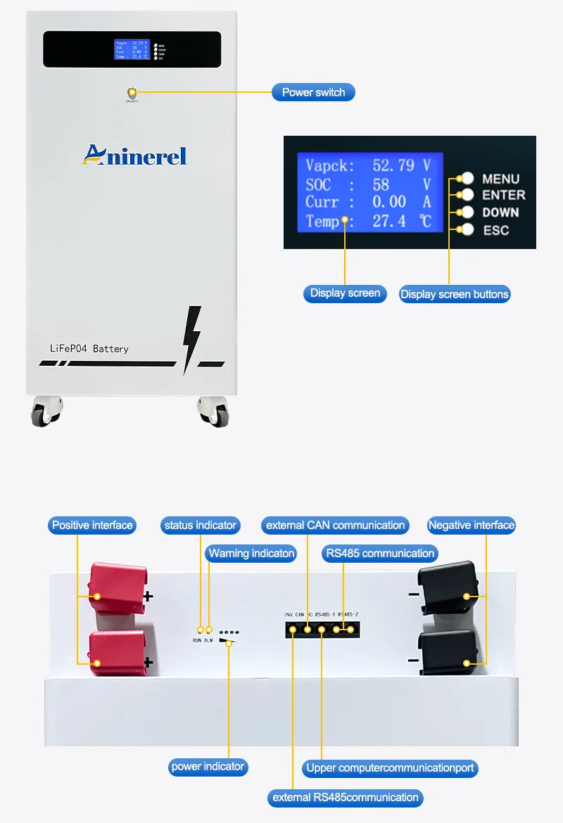 ANENJI 16kWh 51.2V 314Ah LiFePO4 Battery+12kW 48V Split Phase Inverter Off-grid Inverter for Home Backup Emergency with BMS Household solar energy system
