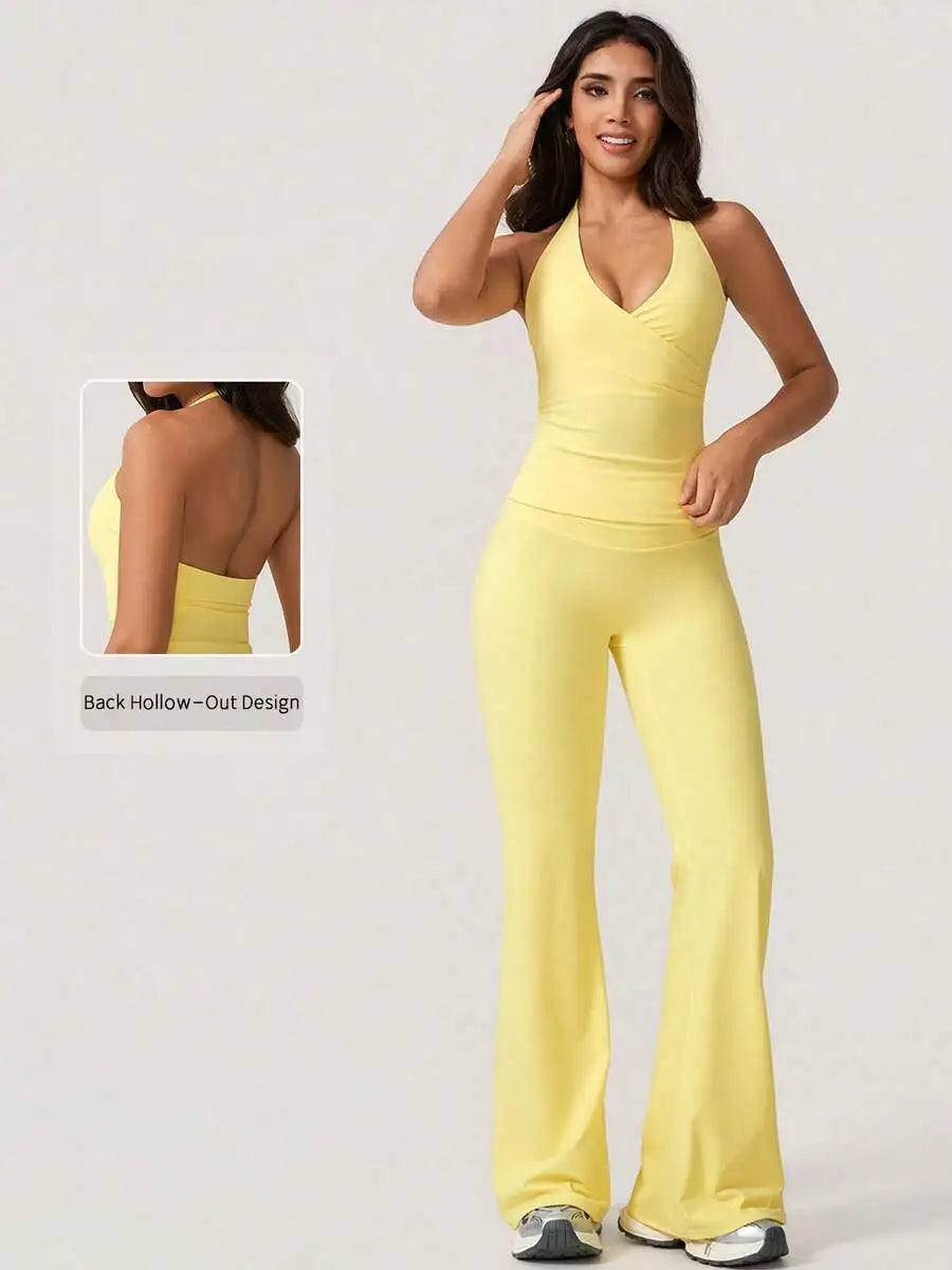 Womens Halter Deep V-Neck Backless Yoga Pants Set Activewear