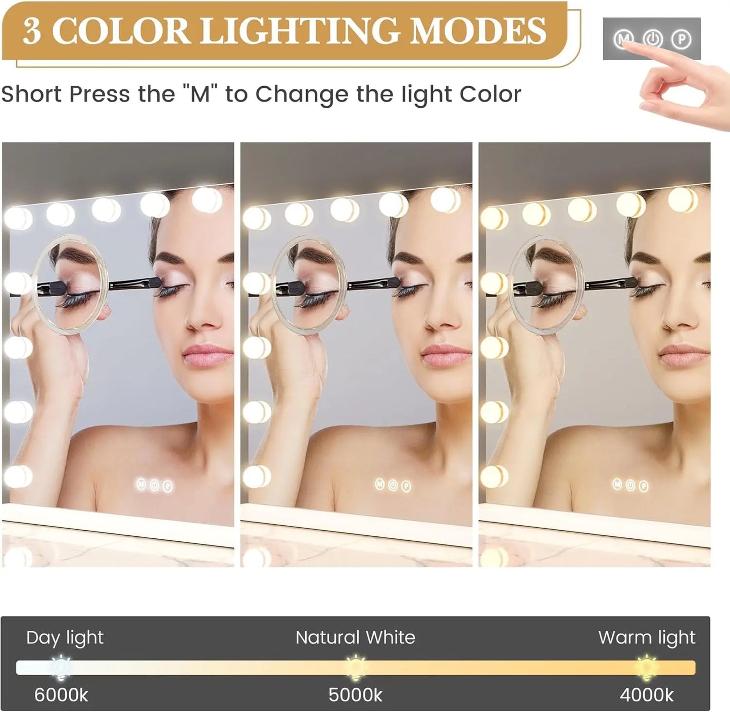 Vanity Mirror with Adjustable LED Lights, 3X Magnification Smart Touch Controls with Three Adjustable Color Modes for Bedroom
