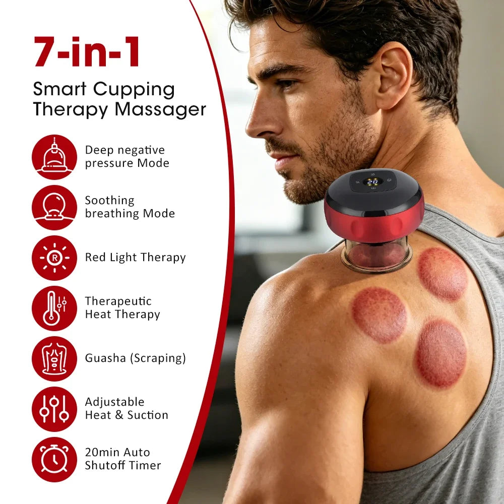 Smart Cupping Massager 12 Suction Levels Red Light Heating Digital Display One-Click Release 1800mAh Rechargeable Body Care