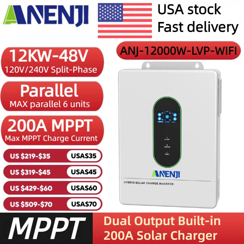 ANENJI 16kWh 51.2V 314Ah LiFePO4 Battery+12kW 48V Split Phase Inverter Off-grid Inverter for Home Backup Emergency with BMS Household solar energy system