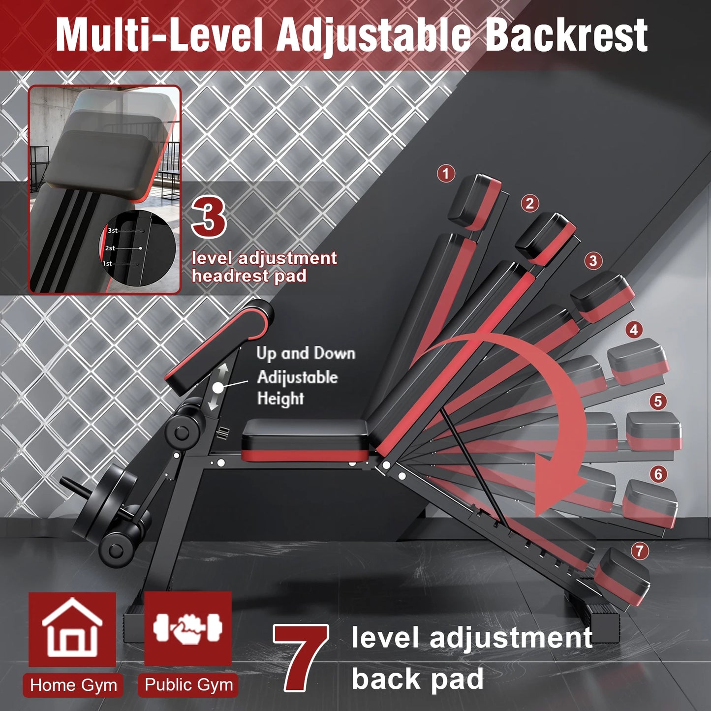 7 Level Foldable Weight Bench With Extended Headrest