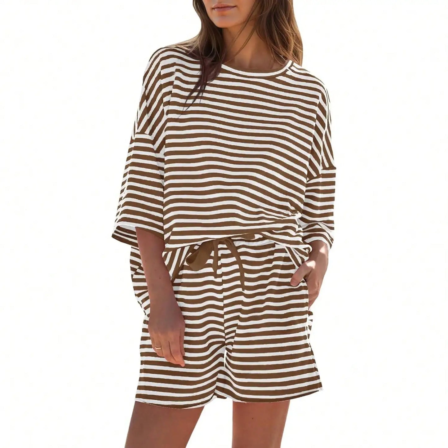 Fisoew Striped Athleisure 2Piece Lounge Set With High Waist Shorts