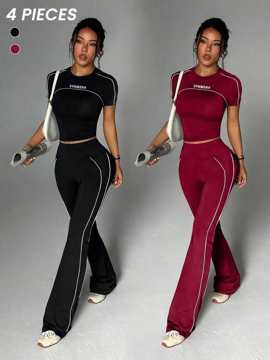 Dewbera Women's Yoga Two-Piece Set Tee and Flared Pants