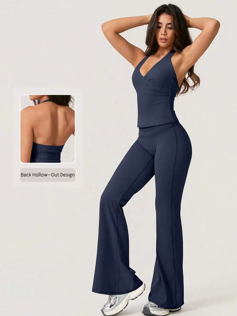 Womens Halter Deep V-Neck Backless Yoga Pants Set Activewear