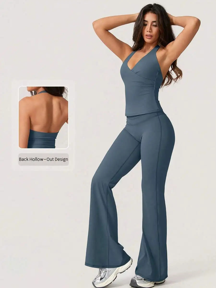 Womens Halter Deep V-Neck Backless Yoga Pants Set Activewear