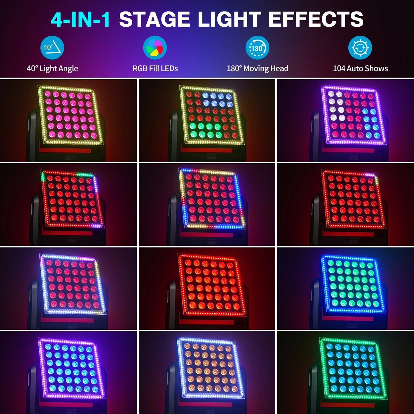 Fieryzeal 200W RGBW Moving Head Wash Light DMX512 Stage Effect