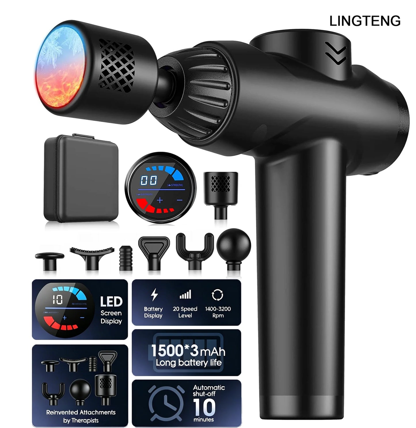 LINGTENG Massage Gun with Hot and Cold Functions, Deep Tissue Massage Gun, Back and Neck Massager, Muscle Percussion Massager, Handheld Massager, 7 Massage Heads, Comes with Storage Case, Christmas Gift, Birthday Gift, Sports