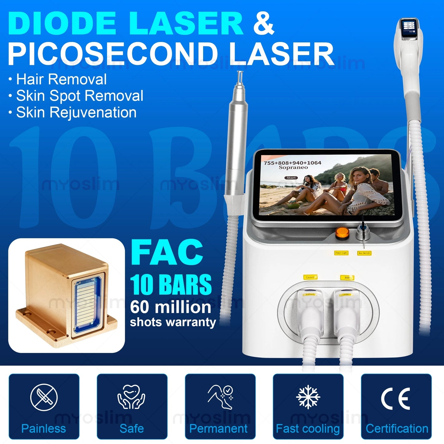 5000W FAC Soprano 2 in 1 808+ Picosecond Diode Hair Removal Device Picosecond Tattoo Removal Permanent Hair Removal