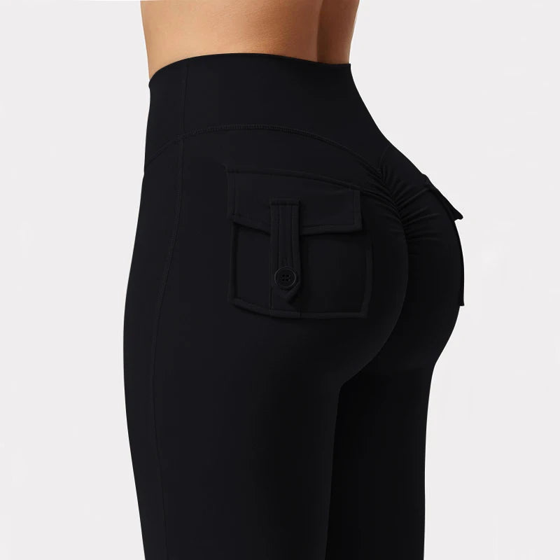 Summer Women's Cargo Pocket Fitness Tights High Waist Running