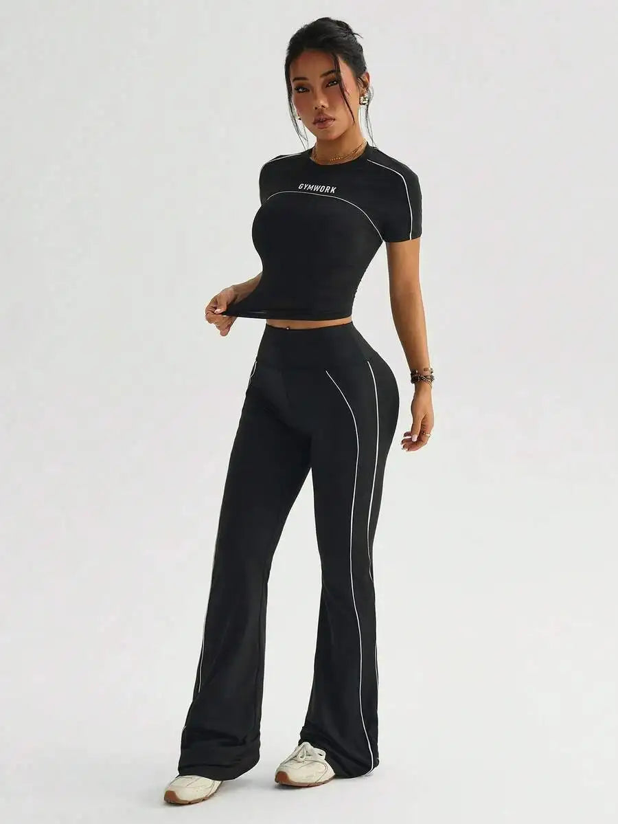 Dewbera Women's Yoga Two-Piece Set Tee and Flared Pants