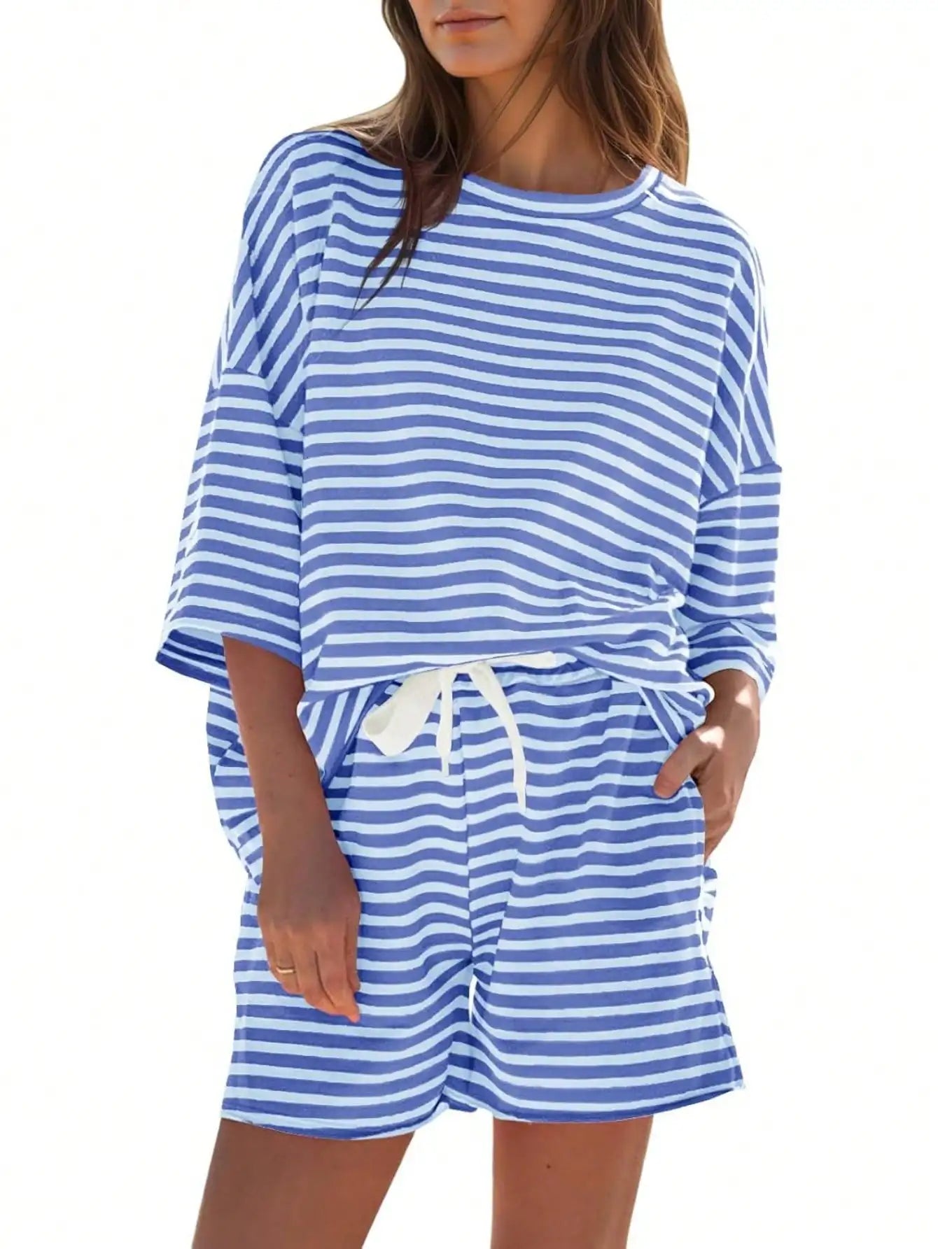 Fisoew Striped Athleisure 2Piece Lounge Set With High Waist Shorts