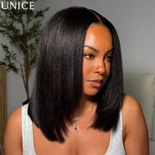 UNice Hair Light Yaki Bob Wig With Drawstring 7x5 Lace Glueless Wigs Human Hair Ready To Wear Go Short Bob Wigs for Women