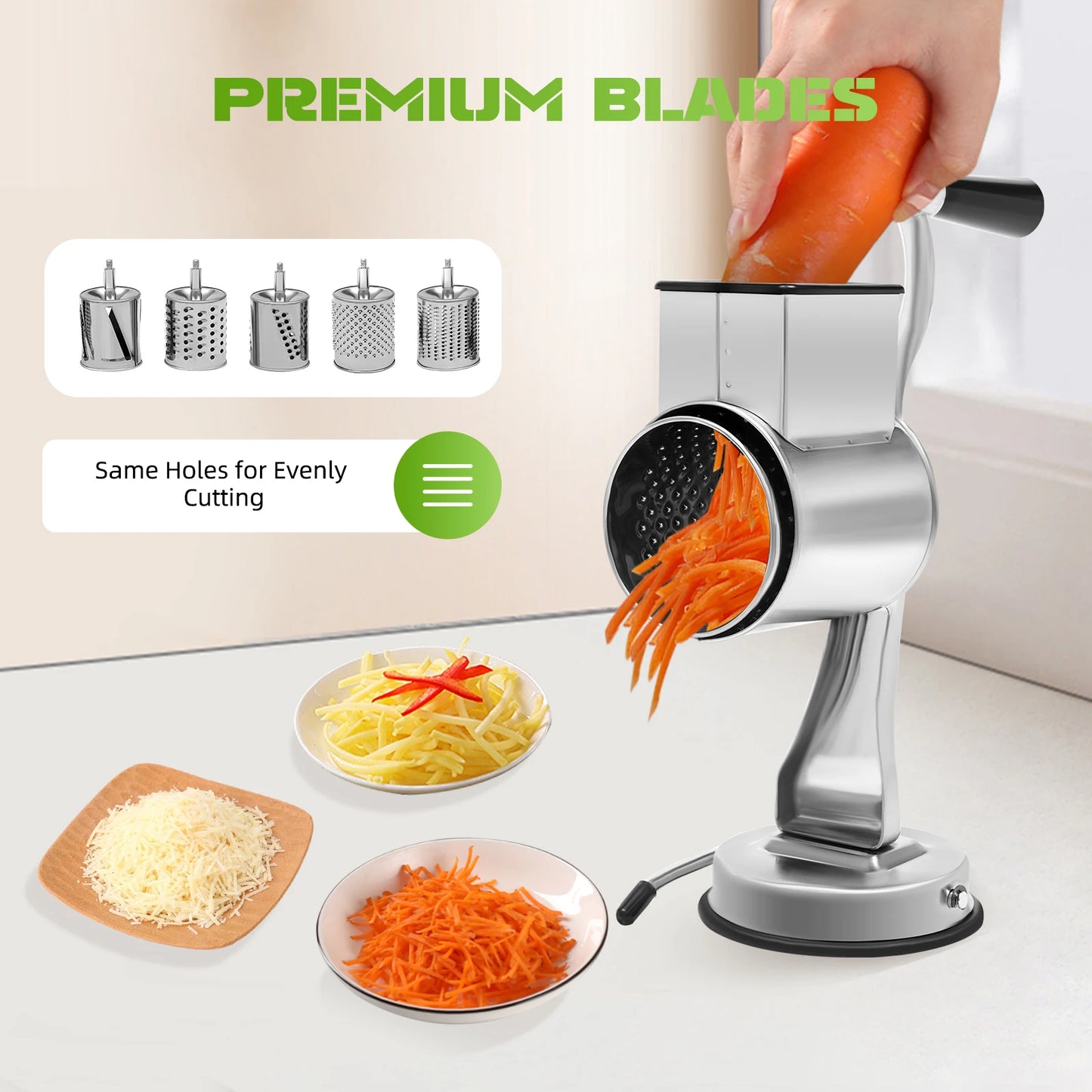 Five Blade Rotary Vegetable Grater With Suction Base Stainless Steel