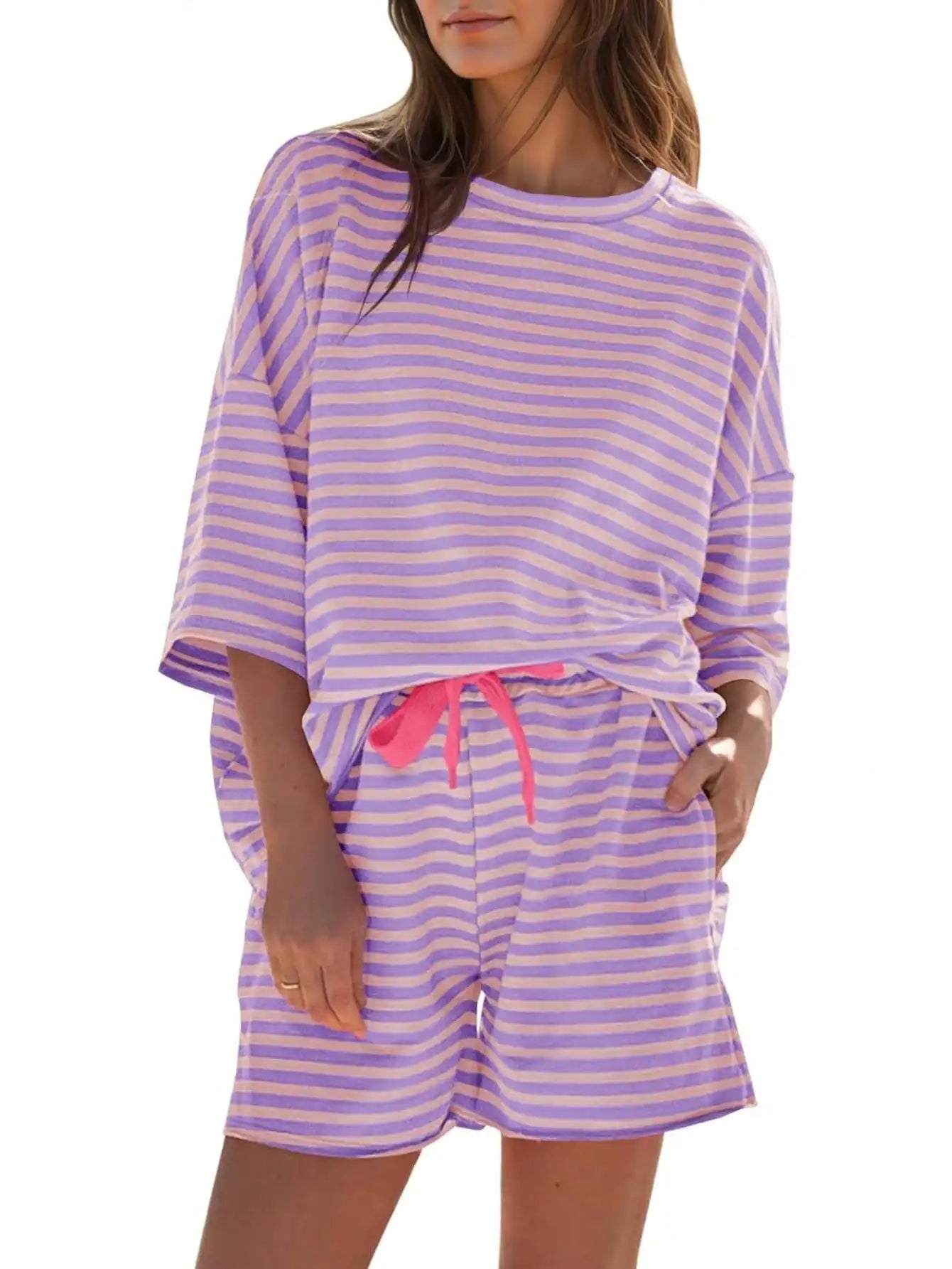 Fisoew Striped Athleisure 2Piece Lounge Set With High Waist Shorts