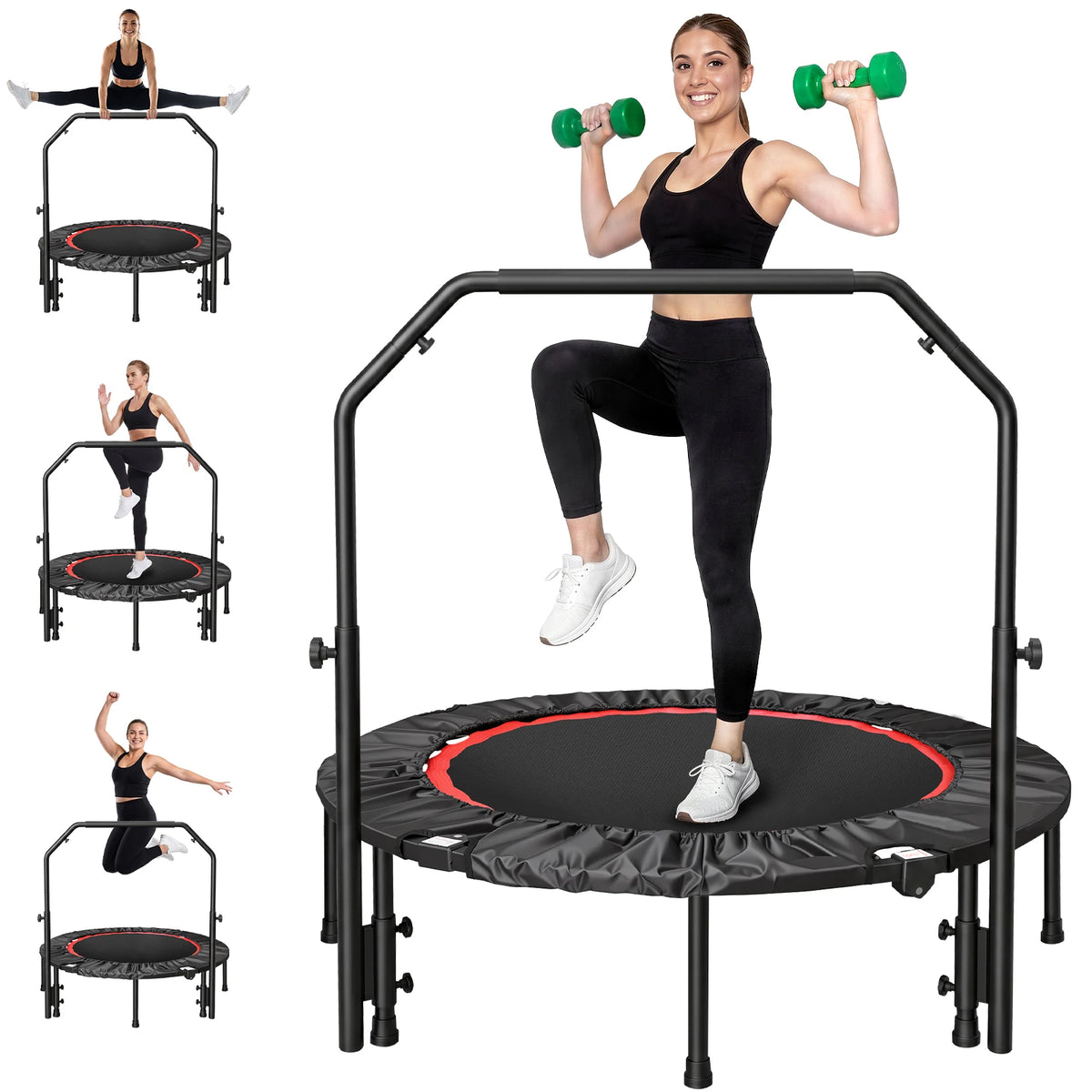 Foldable Rebounder Trampoline With Handlebar For Indoor Cardio Fitness Routine