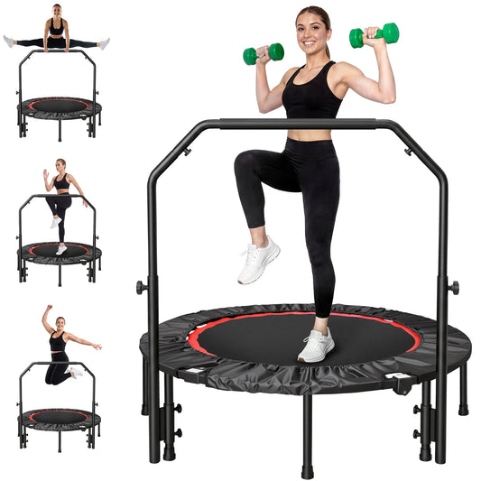 Foldable Rebounder Trampoline With Handlebar For Indoor Cardio Fitness Routine