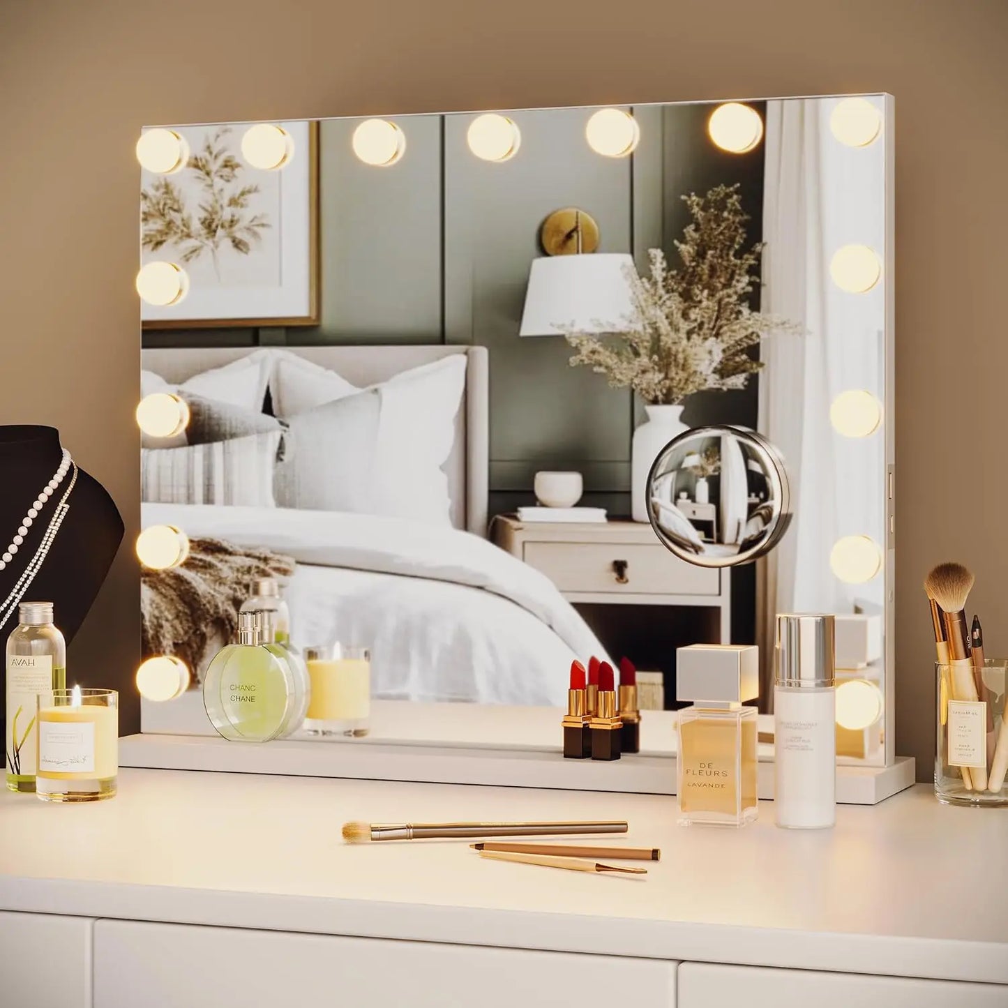 Vanity Mirror with Adjustable LED Lights, 3X Magnification Smart Touch Controls with Three Adjustable Color Modes for Bedroom