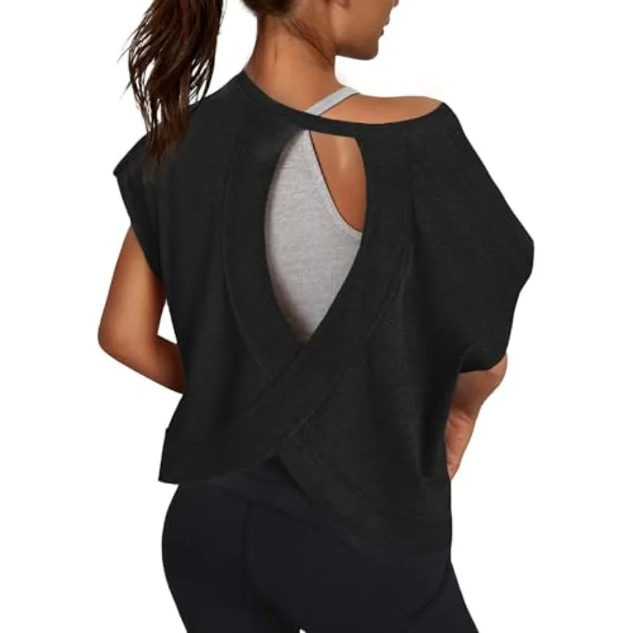 Women Open Back Workout Shirts Short Sleeve Tops Casual Yoga Y2k Athletic Gym Running Crop Tees