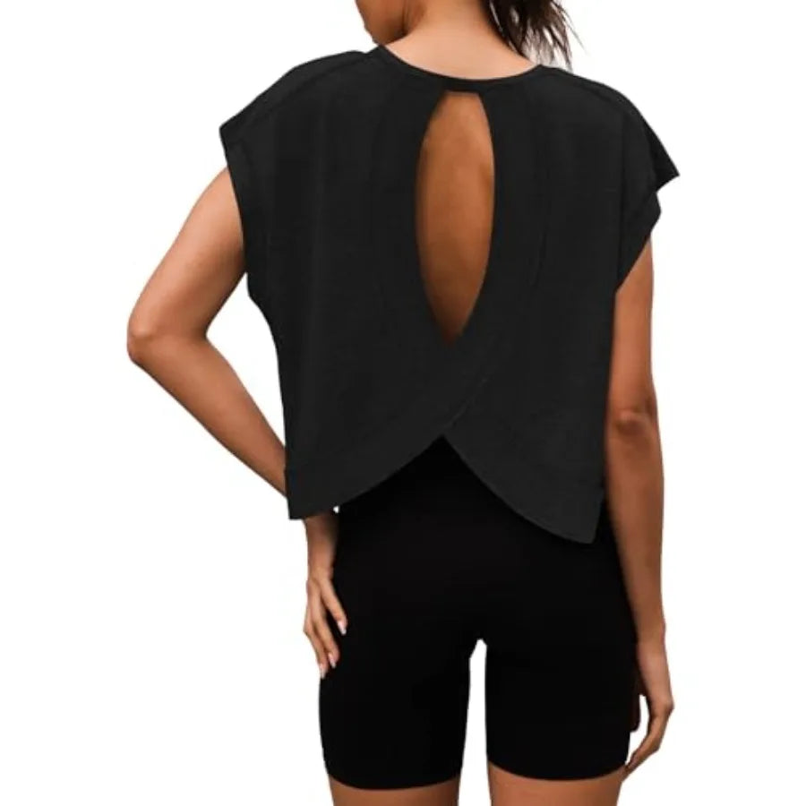 Women Open Back Workout Shirts Short Sleeve Tops Casual Yoga Y2k Athletic Gym Running Crop Tees