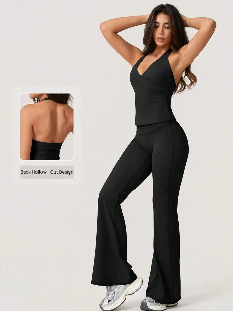 Womens Halter Deep V-Neck Backless Yoga Pants Set Activewear