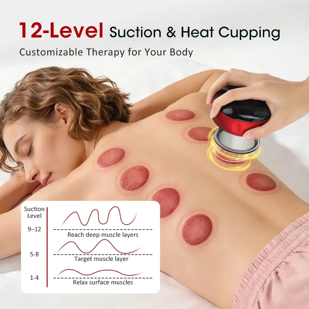 Smart Cupping Massager 12 Suction Levels Red Light Heating Digital Display One-Click Release 1800mAh Rechargeable Body Care