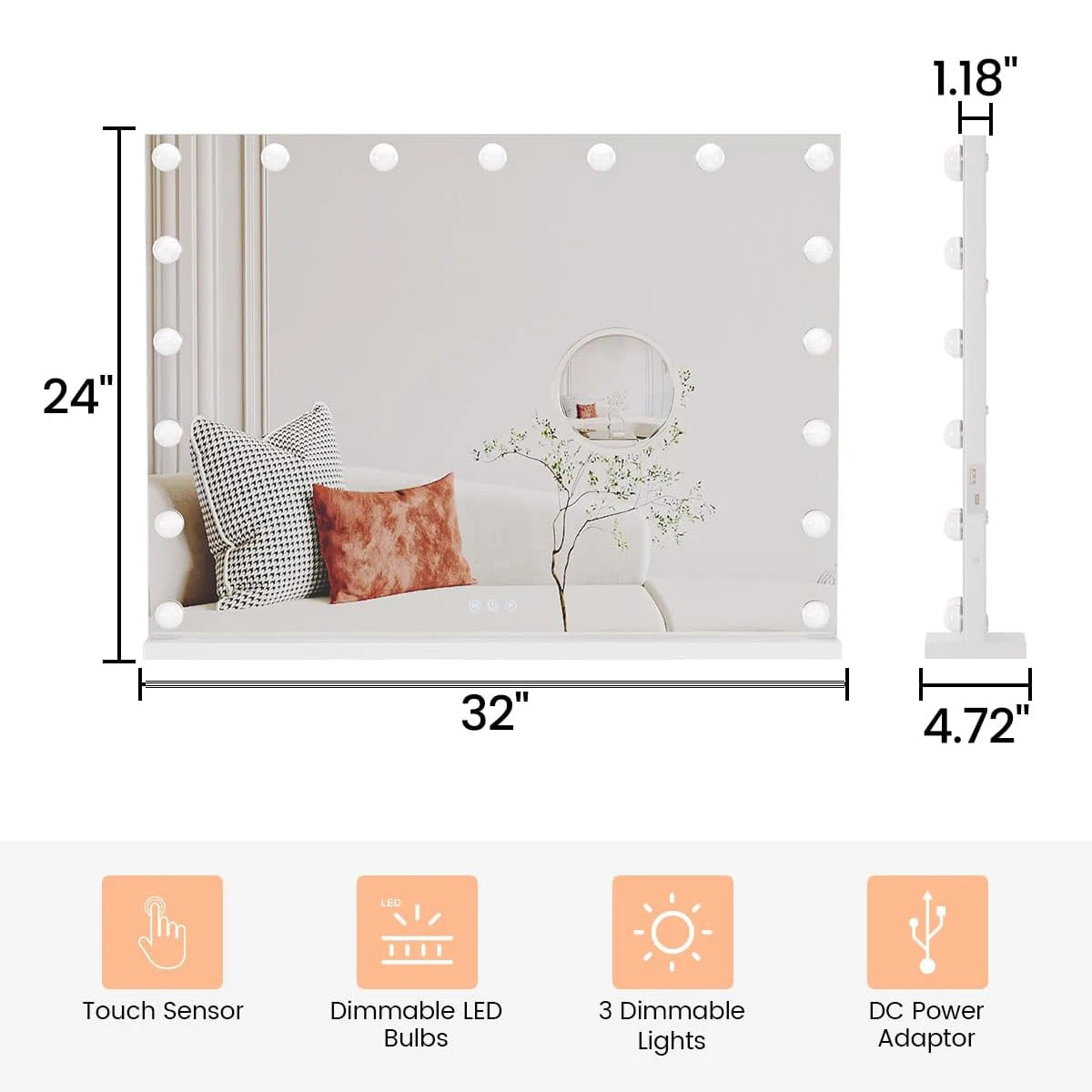 Vanity Mirror with Adjustable LED Lights, 3X Magnification Smart Touch Controls with Three Adjustable Color Modes for Bedroom