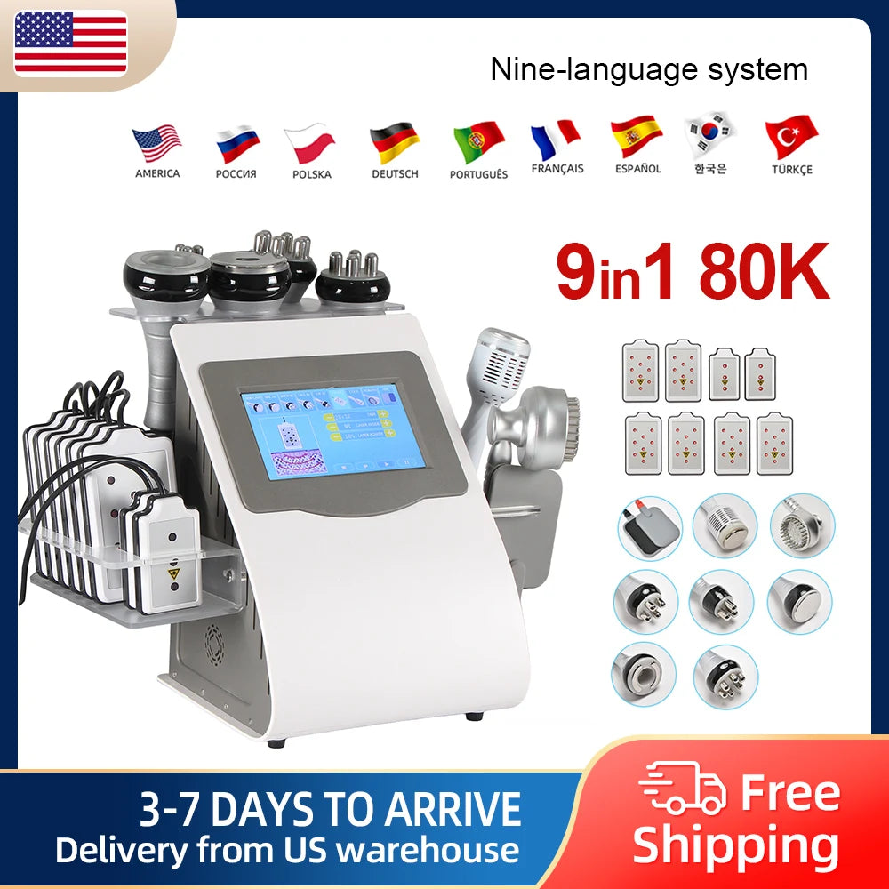 9 in 1 80K Cavitation Ultrasonic Body Slimming Machine Multi-Polar Skin Tightening Tool Facial Lift Machine