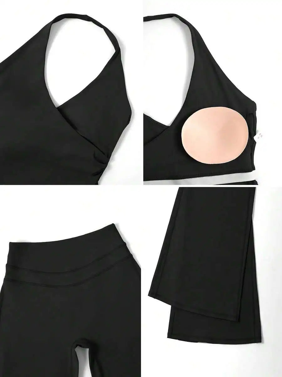 Womens Halter Deep V-Neck Backless Yoga Pants Set Activewear