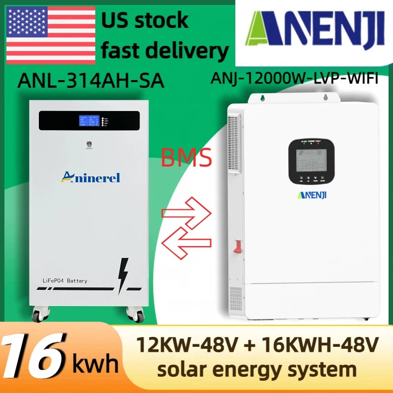 ANENJI 16kWh 51.2V 314Ah LiFePO4 Battery+12kW 48V Split Phase Inverter Off-grid Inverter for Home Backup Emergency with BMS Household solar energy system