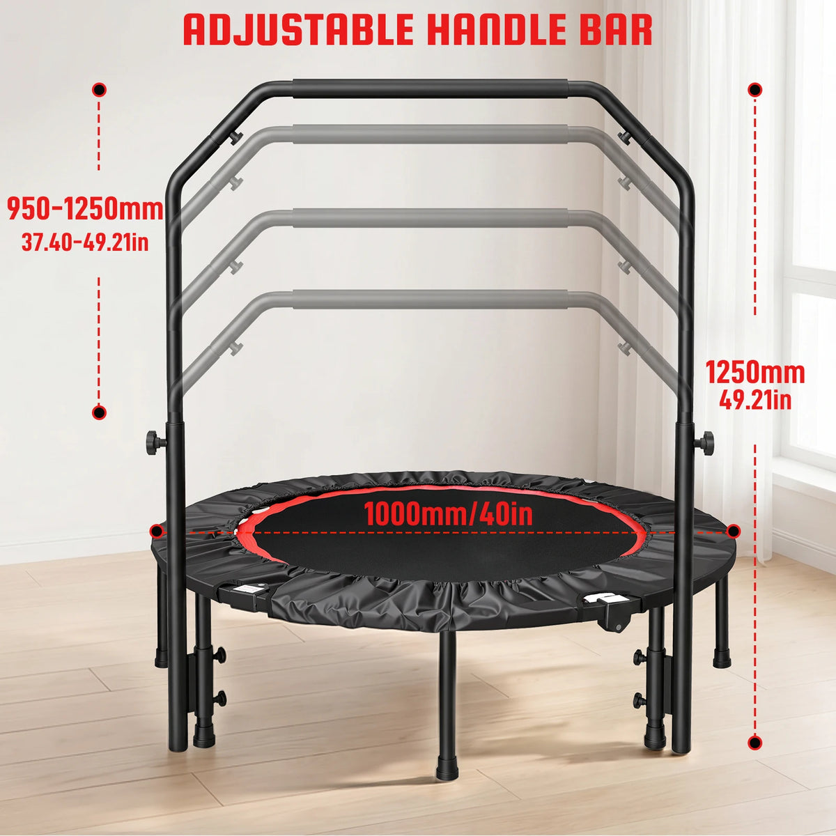 Foldable Rebounder Trampoline With Handlebar For Indoor Cardio Fitness Routine