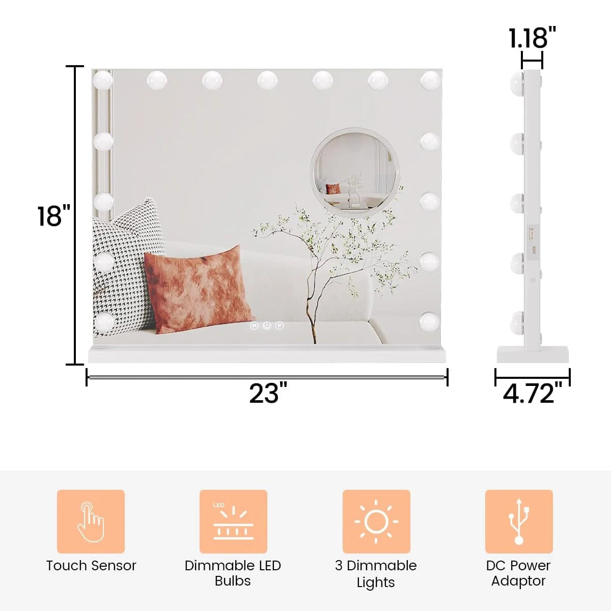 Vanity Mirror with Adjustable LED Lights, 3X Magnification Smart Touch Controls with Three Adjustable Color Modes for Bedroom