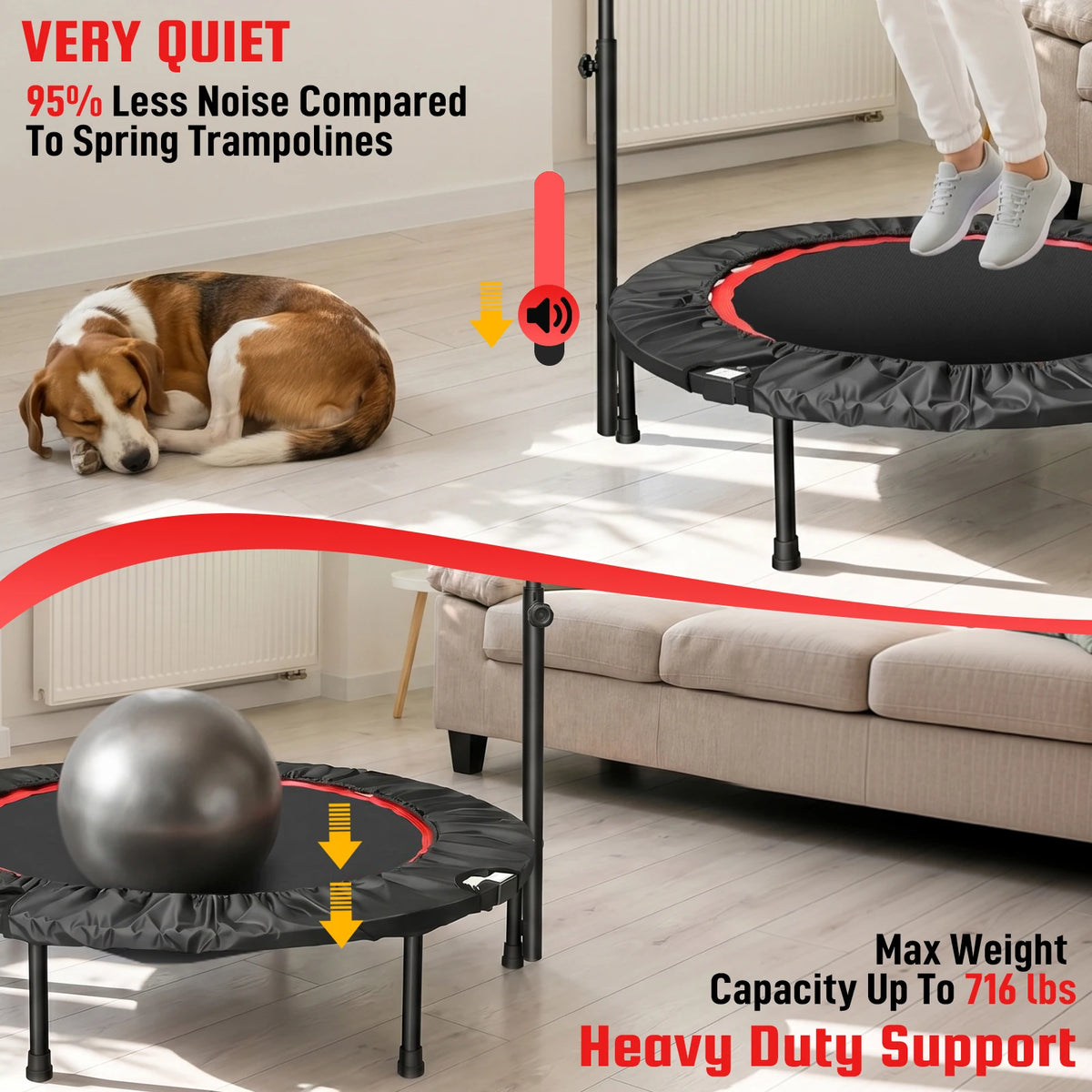 Foldable Rebounder Trampoline With Handlebar For Indoor Cardio Fitness Routine